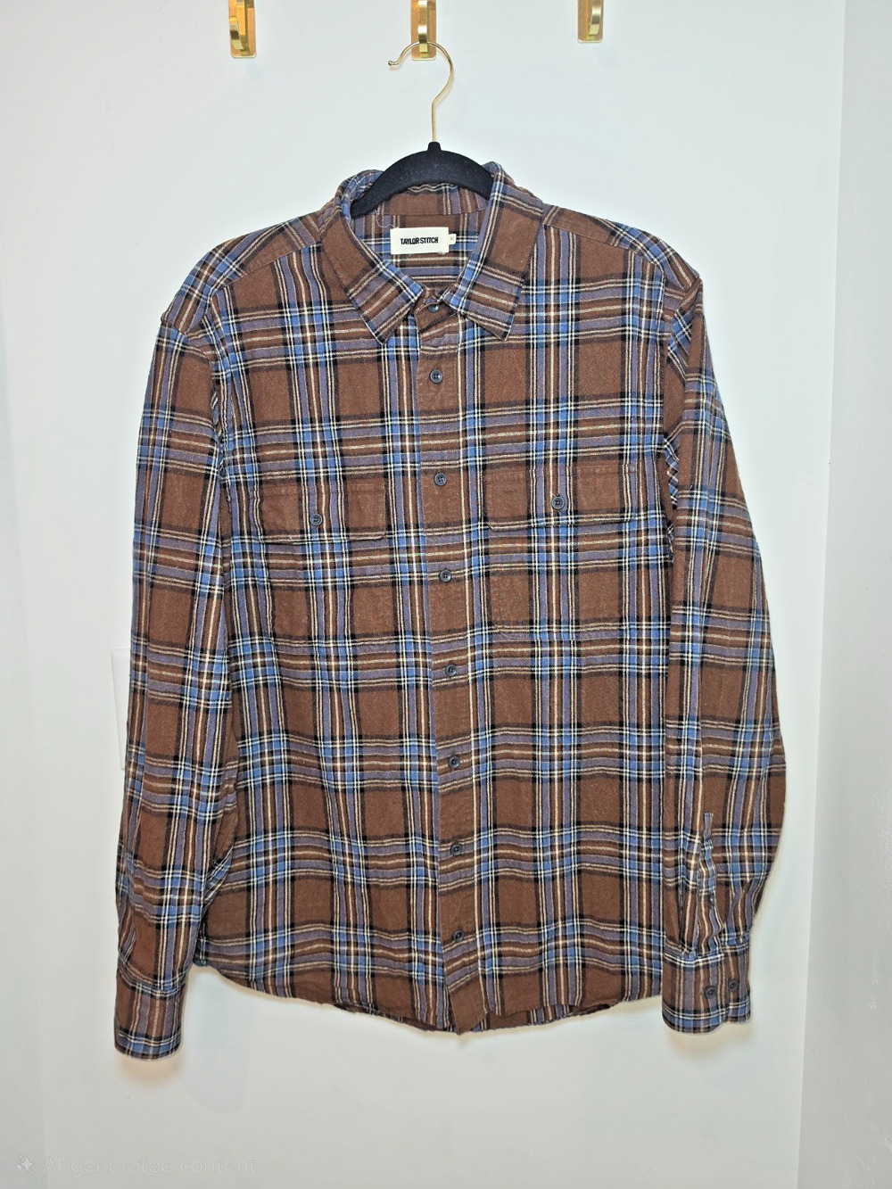Taylor Stitch Crater Shirt Brown Blue Flannel Heavyweight Plaid Button Down 42 L